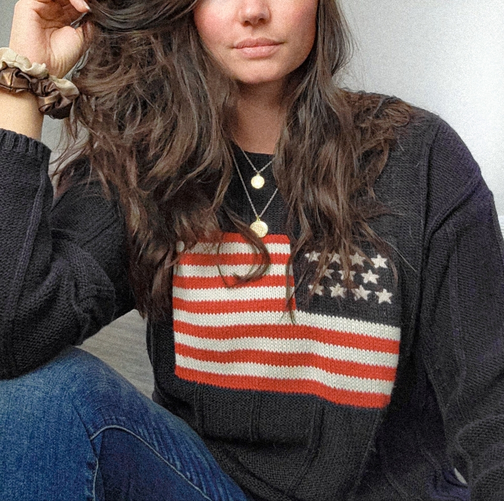 Vintage Cable Knit Sweater American Flag Print Oversized Fit